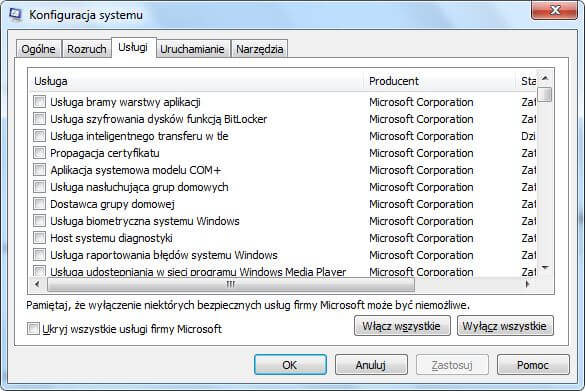 Wyłączone zbędne usługi w Windows dla Windows Thin PC