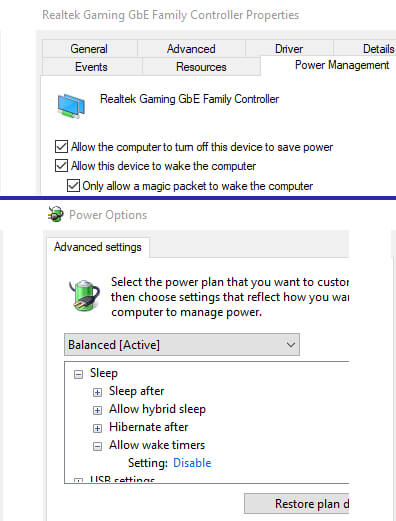 Settings like Magic Packet allows hibernation with Wake on LAN and disabling “Allow wake timers” prevents waking up from hibernation
