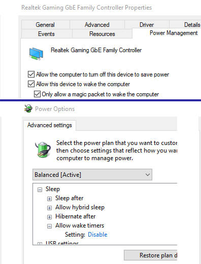 Ustawienia Magic Packet pozwala na hibernację z Wake on LAN, wyłączenie “Allow wake timers” zapobiega wybudzaniu z hibernacji